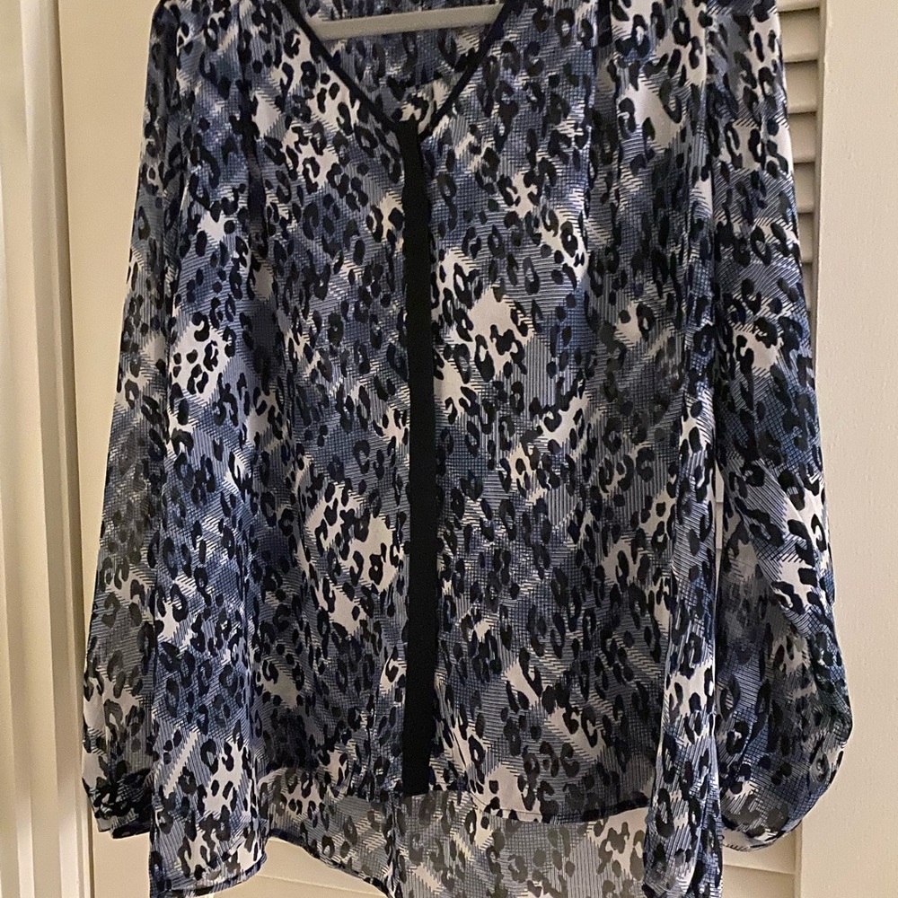Cabi 977 Fatale Animal Print Blue Sheer Blouse L